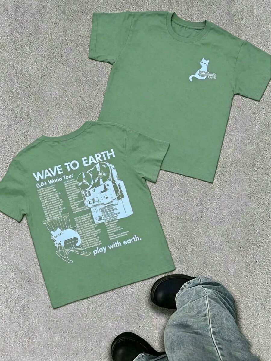 WAVE TO EARTH Play With Earth Letters Kitten Print Men's T-Shirt, Simple Art Harajuku Style, Band Music Kitten T-Shirt, Fashion Casual Loose Men And - Sage Green - 查看 1