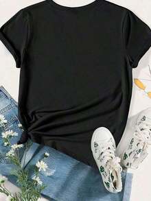 Loose 1 Piece Casual T-Shirt For Women Valentine's Day Cupid Skeleton With Arrow And Hearts Cute Romantic Print For Valentine's Day, Date Night Or Holiday Outings G 100% Soft Cotton Basic Crew Neck Cotton T-Shirt For Women - 黑色 - 查看 3