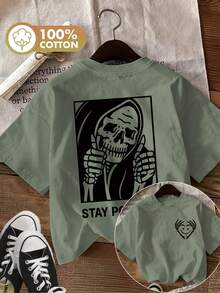 Edición Limitada: Camiseta Casual de Verano para Mujer con Estampado de Doble Cara, Estilo Oscuro, Calavera y el Texto 'STAY POSITIVE' en una Camiseta de Manga Corta y Cuello Redondo de Algodón Ligero. - Verde - Ver 2