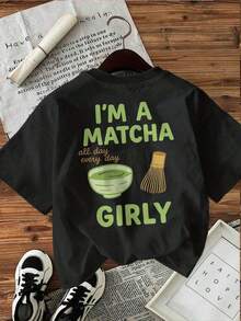 [Impresión a Doble Cara en la Parte Delantera y Trasera] Camiseta Casual de Primavera y Verano para Mujer, Estilo de Dibujos Animados, Estampado de Batidor de Té Matcha y "I'M A MATCHA", Cuello Redondo, Manga Corta de Algodón Puro [Ling K] EO3C Camiseta Fresca de Verano, Estilo Unisex - Negro - Ver 3