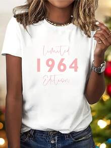 Women's Casual Cotton Crew Neck T-Shirt - 1 Piece Limited Edition 1964 Vintage Casual Sports T-Shirt For Women - High Elastic Geometric Pattern Crew Neck Top, Machine Washable, Comfortable For All Seasons, Gift For Mother's Day And Birthdays, Loose Fit T-Shirt, Sheer Fabric. Simple T-Shirt For Everyday Wear. - 白色 - 查看 7