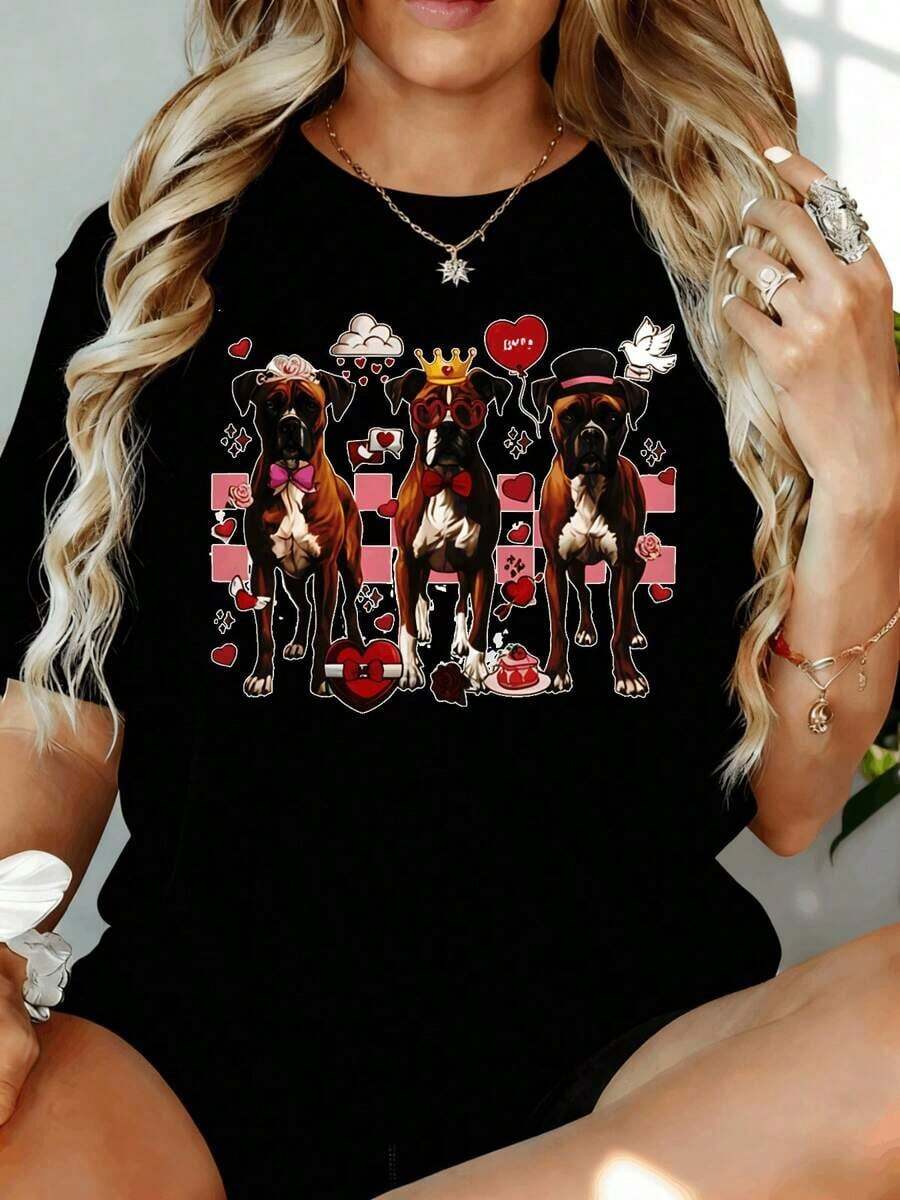 Camiseta de Mujer con Estampado de Corazón de San Valentín de Boxer Dog, Bonito Diseño Gráfico de Animal para Amantes de Perros, 180g, para Ocio en Casa, al Aire Libre, Regalo para Fiesta de San Valentín - Negro - Ver 1