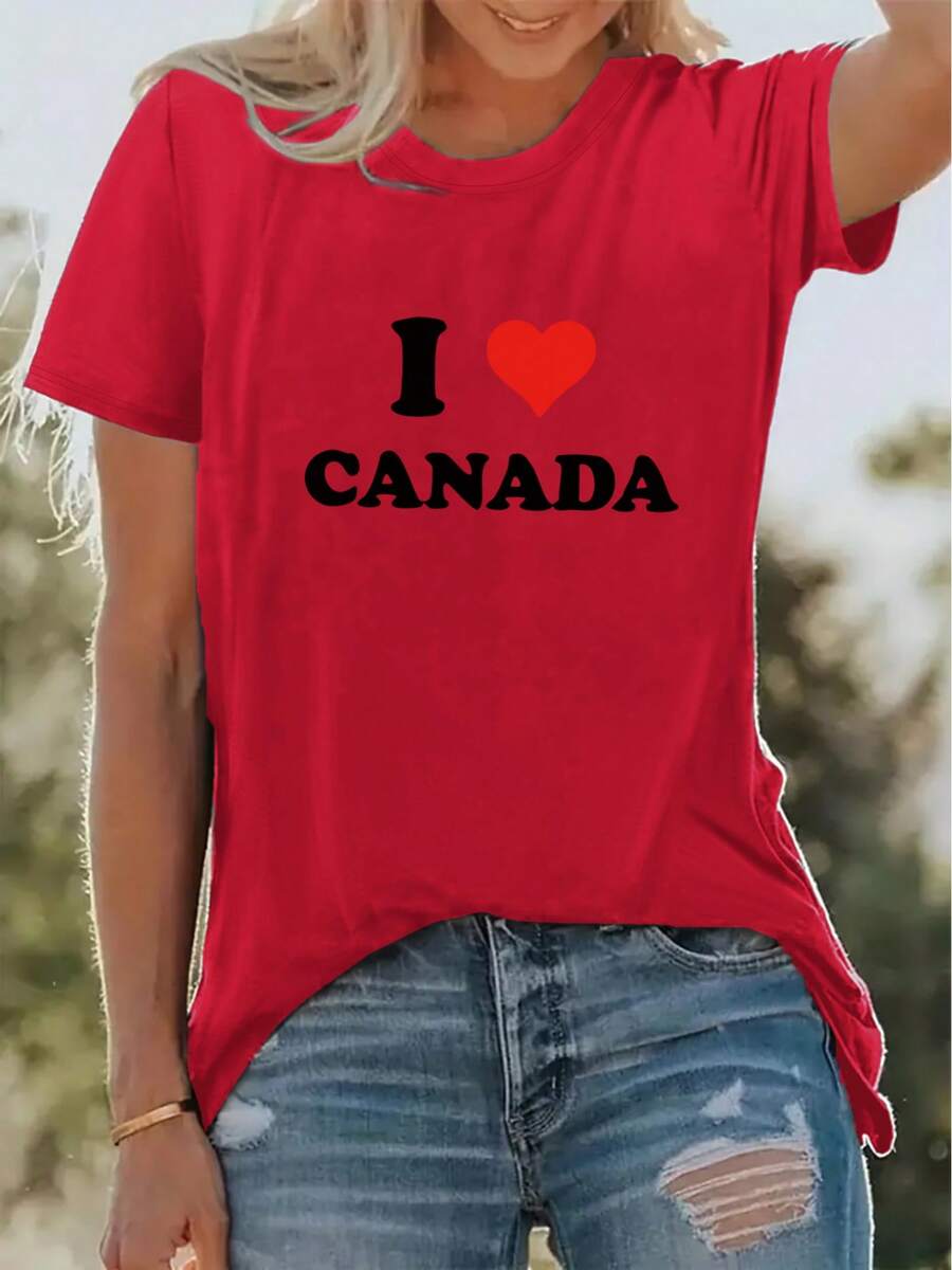 Casual Essential (YS031673) Canada VE Day Printed T-Shirt, Casual Crew Neck T-Shirt, Short Sleeve Spring/Summer Vacation T-Shirt, Women's Activewear, New Women's Clothing, Machine Washable, Soft Cotton For Everyday Summer Wear. - 紅色 - 查看 1