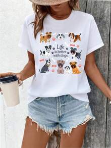 Varios diseños de dibujos animados de perros, huesos y huellas de patas, nueva camiseta de verano para mujer, camiseta de manga corta, camiseta estampada de moda casual para damas, ropa elegante para mujer. - Blanco - Ver 8