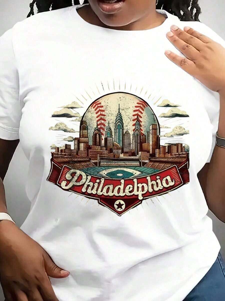 Camiseta Vintage Desgastada para Amantes del Béisbol de Filadelfia, Camiseta con Estampado y Cuello Redondo para Verano, Top Suave de Manga Corta para Mujer, Camiseta Elegante y Cómoda para Mujer, Camisetas con Estampados - Blanco - Ver 1