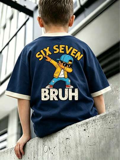 Boys Navy Ringer T-Shirt, "SIX SEVEN BRUH" Dab Dance Cartoon Graphic Short Sleeve Tee For Kids