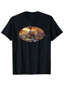 Men's Cotton T-Shirt - Black T-Shirt With Flying Duck Print, Breathable Fabric Ideal For Everyday And Formal Occasions - Washable Top For Casual Outdoor Activities - 黑色 - 查看 1