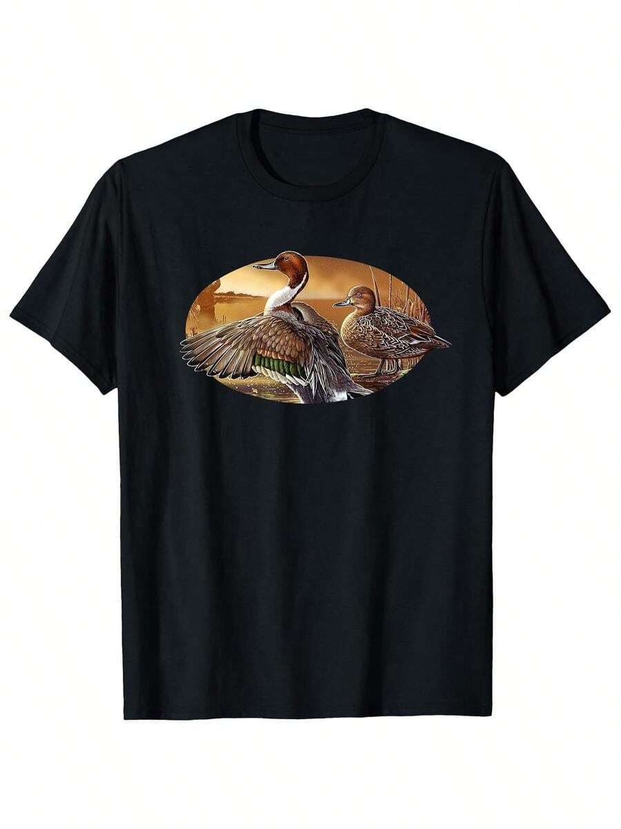 Men's Cotton T-Shirt - Black T-Shirt With Flying Duck Print, Breathable Fabric Ideal For Everyday And Formal Occasions - Washable Top For Casual Outdoor Activities - 黑色 - 查看 1