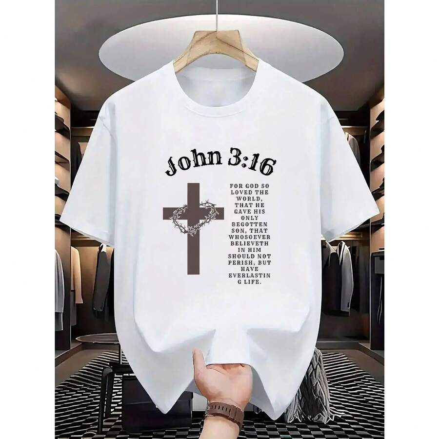 Camiseta Gráfica FEEGO para Hombre con Diseño de Cruz de Jesús, Transpirable, Casual de Verano con Diseño de Escritura Inspiradora - Blanco - Ver 1