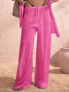 Pantalones anchos de verano para mujer con cintura anudada y unicolor - Rosa Fucsia - Ver 5