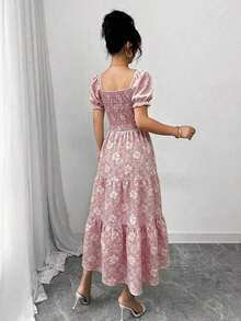 Vestido maxi con cuello cuadrado, manga corta fruncida y volante en el bajo, con pequeños estampados florales, adecuado para uso casual diario, trabajo, viajes, playa, estilo bohemio - Rosa - Ver 2