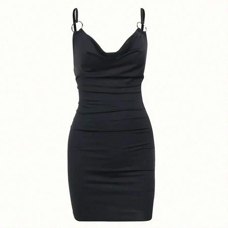 Vestido cruzado de seda de leche con hebilla de anillo, cuello en V, Sexy, europeo y americano, primavera y verano, Y2K, nuevo - Negro - Ver 1