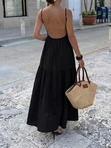 Women's Solid Color Backless Bohemian Wedding Slip Dress - Black - View 4