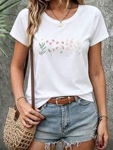 K, Local Spring/Summer Urban Fashion. Women's Blouses, Women's T-Shirts. 180g (S-XXXL) Women's Oversized T-Shirt "Poppy Flowers" - Dark Gray With Vintage Floral Print And Inspirational Phrase - 白色-1 - 查看 2