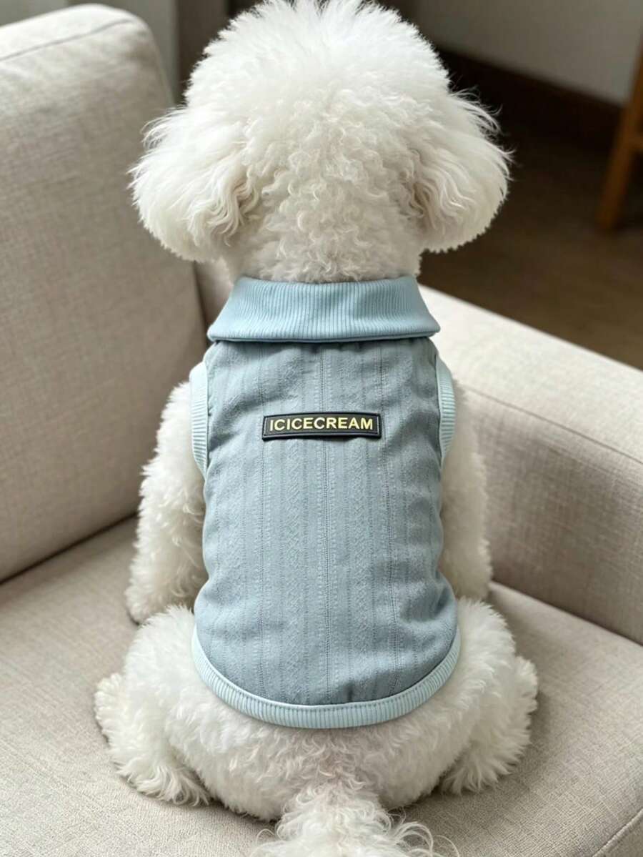 Misty Blue Collar Sleeveless Letter Print Tank Top, Suitable For Pets - Dusty Blue - View 1