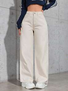 Jeans de mezclilla casuales y diarios de color liso para mujeres - Albaricoque - Ver 8