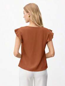 Blusa holgada de manga abullonada y cuello en V para mujer, estilo urbano básico, elegante y minimalista para uso casual en la oficina, adecuada para maestras y atuendo de negocios, otoño - Marrón - Ver 3