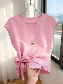 Blusa casual y versátil de cuello redondo elegante, con detalle de lazo en el bajo asimétrico, blusa de mujer de manga corta color albaricoque - Rosa Pálido - Ver 6