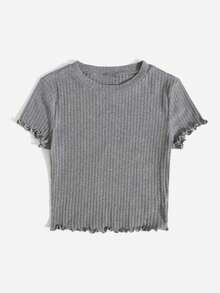 Camiseta de punto acanalado con ribete de lechuga de un solo color para salir en verano - Gris - Ver 3