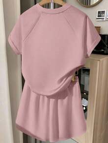 Conjunto de camiseta y pantalones cortos para mujer, diseño de patchwork de mezclilla vintage, top casual elegante para salidas de verano, estampado gráfico, versátil para uso diario, al aire libre, compras, viajes - Rosa Oxidada - Ver 2