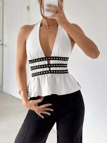 Nuevo top halter de verano con diseño de cintura con remaches para mujeres - Blanco - Ver 5