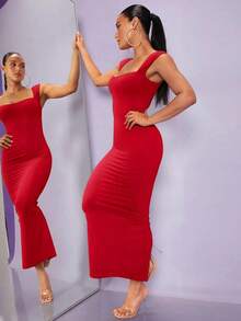 Vestido ajustado unicolor de cuello cuadrado - Rojo - Ver 5