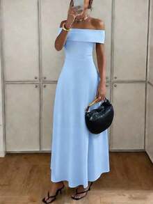 Vestido de mujer de unicolor con hombros descubiertos, nuevo vestido largo elegante y ajustado sin espalda para fiestas, uso diario y citas - Celeste - Ver 7