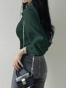 Blusa suelta de unicolor con cuello vuelto y pliegues para mujer, color morado, para primavera/verano/otoño, ropa de mujer de manga larga - Verde Oscuro - Ver 2