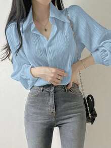 Blusa suelta de unicolor con cuello vuelto y pliegues para mujer, color morado, para primavera/verano/otoño, ropa de mujer de manga larga - Celeste - Ver 4