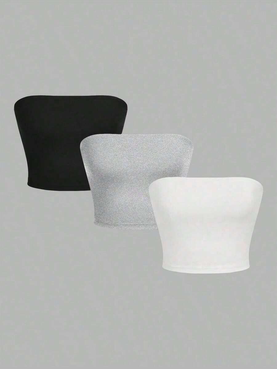 Set de 3 tops cortos ajustados de unicolor minimalista para mujer, apropiados para el verano - Multicolor 5 - Ver 1