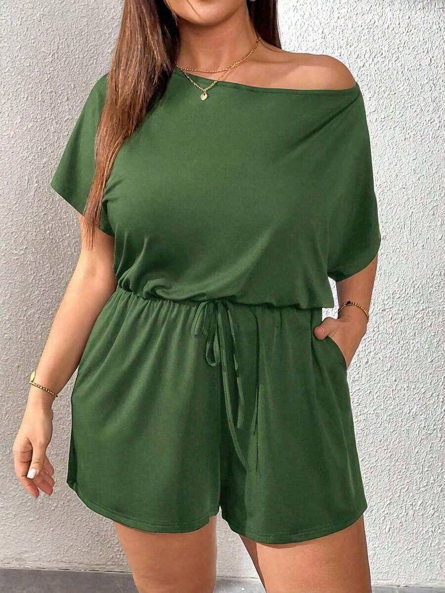 Mono de talla grande para mujer, ropa de verano, shorts, hombros descubiertos y graciosos, conjunto de verano para mujer, atuendo de rave de festival, conjunto de verano para vacaciones de mujer, mono casual de mujer - Verde Oscuro - Ver 1