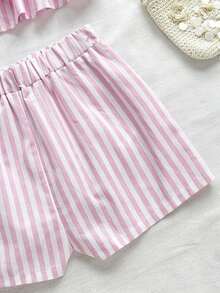 Set de 2 piezas para mujer con parte superior corta sin mangas con volantes y estampado de rayas y flores, y shorts casuales para verano, vacaciones en la playa y fiestas - Rosa - Ver 6