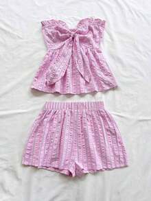Set de 2 piezas para mujer con parte superior corta sin mangas con volantes y estampado de rayas y flores, y shorts casuales para verano, vacaciones en la playa y fiestas - Multicolor - Ver 4