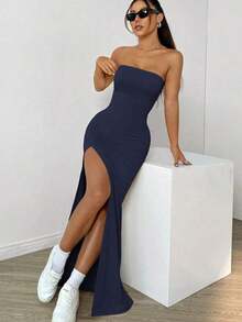 Vestido sin tirantes con abertura alta de unicolor para mujeres - Azul marino - Ver 4