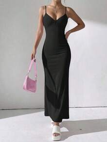 Vestido de encaje ajustado, elegante y romántico para cita nocturna, Día de San Valentín, con tirantes finos y largo, para fiesta de verano - Negro - Ver 2