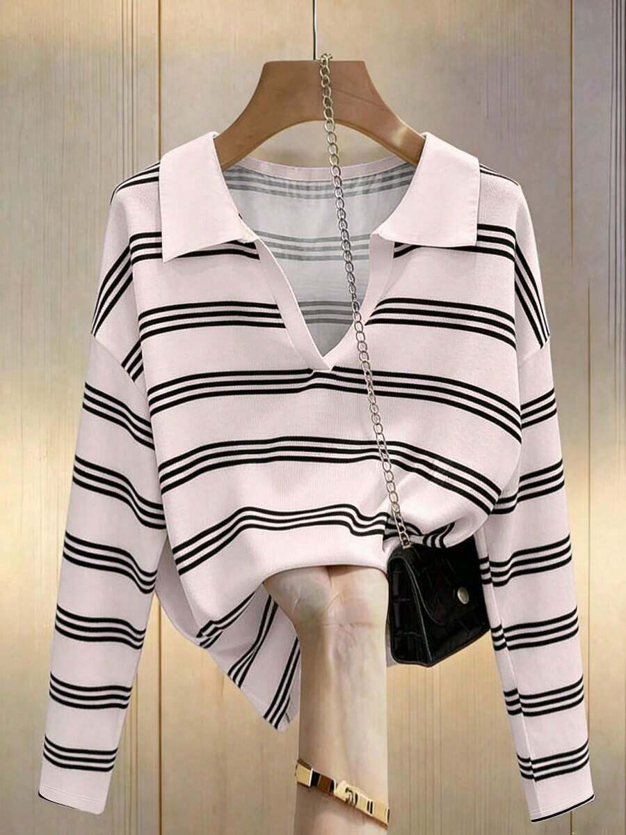 Camiseta de manga larga de ajuste holgado con estampado de rayas de contraste, para uso casual y diario, ideal para primavera/otoño - Rosa - Ver 1