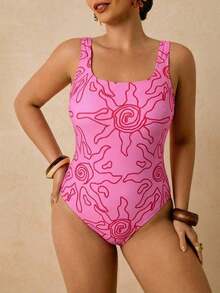 Traje de baño de una pieza con estampado de limón para mujer de talla grande, romántico para la playa y el spa a principios de primavera - Rosa - Ver 7