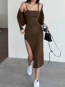 Mujeres elegante vestido ajustado con tirantes y chaqueta corta abierta de frente, traje de dos piezas - Marrón Chocolate - Ver 6
