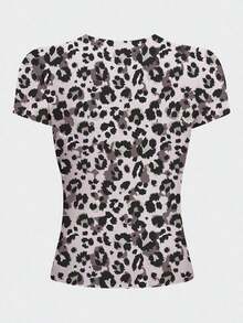 Camiseta casual de manga corta y cuello redondo ajustada para mujer, color café - Multicolor 3 - Ver 2