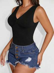 Camiseta sin costuras con cuello en V de unicolor y elegante para mujer, casual en color negro - Negro 2 - Ver 6