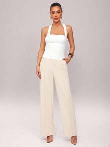 1 Top corto de unicolor con volantes para mujer, camiseta sin mangas ajustada de cuello halter de moda para oficina y transporte, color amarillo mantequilla - Blanco - Ver 5