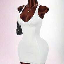 Y2K Sexy  Women's Solid Color Deep V-Neck Sexy Backless Mini Dress Summer Dresses For Women Spring Outfit Women Valentine Outfits For Women Party Dress Racerback Open Backless Sleeveless V-Neck Heart-Shaped Bust Mini Bodycon Dress Sexy Curve Dress White Sexy Dress Women Built In Bra Dress White Club Dress White Bodycon Dress - Blanco - Ver 5