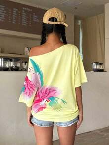 Camiseta suelta de mujer con estampado floral y hombros descubiertos, manga 3/4 - Blanco 3 - Ver 2