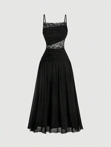 Vestido largo con adorno de encaje elegante para mujer, vestido de Año Nuevo, vestido de fiesta de Año Nuevo, ropa de mujer, vestidos elegantes de mujer, vestidos beige de mujer, vestido de Año Nuevo para mujer, vestidos formales de mujer, vesti - Negro - Ver 4