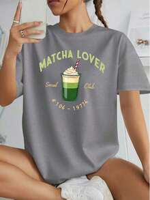 Women's Crew Neck T-Shirt, 100% Cotton, Matcha Lover Social Club Cup Brand, Graphic Tees For Everyday Wear, Versatile Casual Tops, Streetwear, Back To School Outfits, School T-Shirts - 灰色 - 查看 1