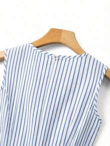 Vestido de línea A con cintura ceñida, decorado con lazo, a rayas azul y blanco, adecuado para la escuela, picnic de fin de semana, salida casual con amigos, de estilo fresco y dulce - Azul y blanco - Ver 5