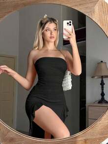 Vestido tubo fruncido bajo asimétrico - Negro - Ver 3