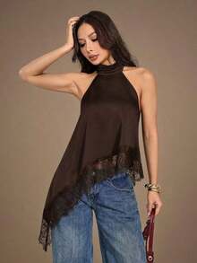 Top halter con escote trasero, bajo asimétrico y parches de encaje, sexy para el verano - Marrón - Ver 4