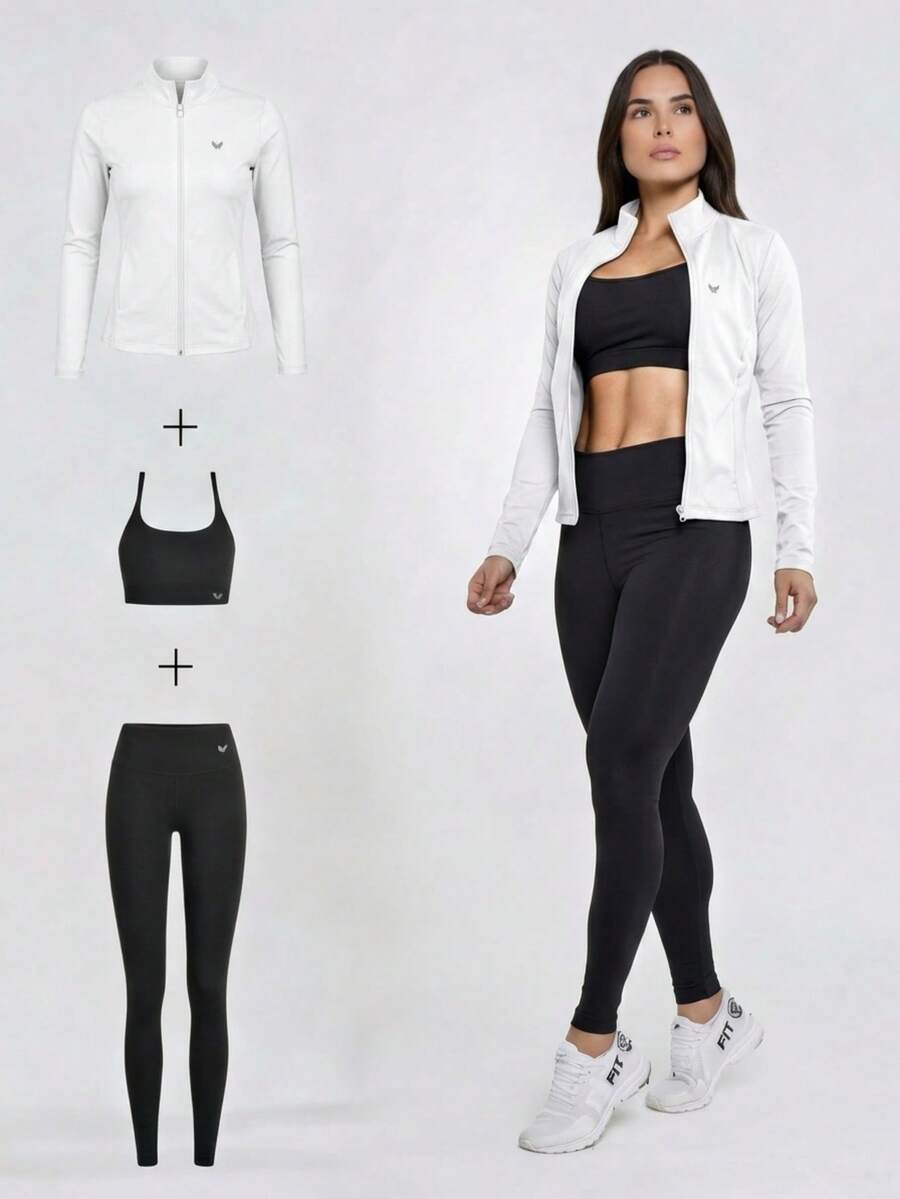 Women's 3-Piece Gym Set – Zippered Jacket + Padded Top + Leggings - Women's 3-Piece Gym Set – Premium Women's 3-Piece Gym Set For Autumn And Winter - 白色 - 查看 1