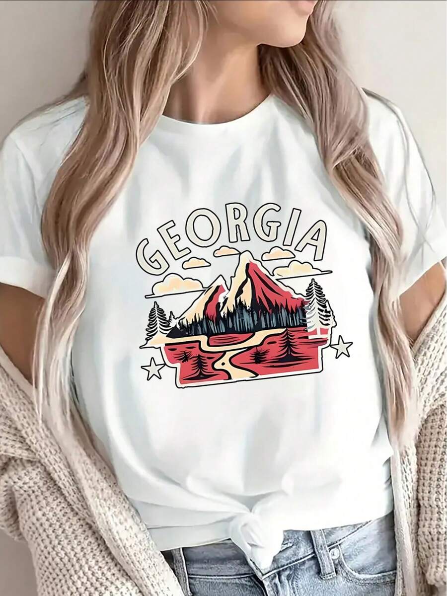 Short-Sleeved T-Shirt With A Georgia Mountain Design, Lightweight And Comfortable, Casual Wear Suitable For Outdoor Adventures And Everyday Use At Home Or In A Coffee Shop. - 白色 - 查看 1